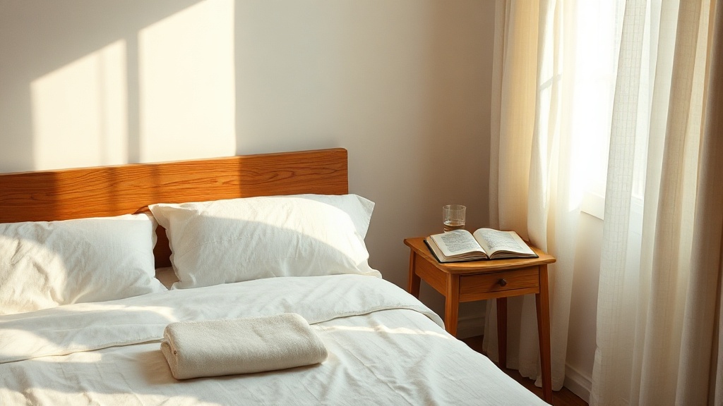 Minimalist quiet luxury bedroom with linen curtains, cotton percale bedding and oak furniture