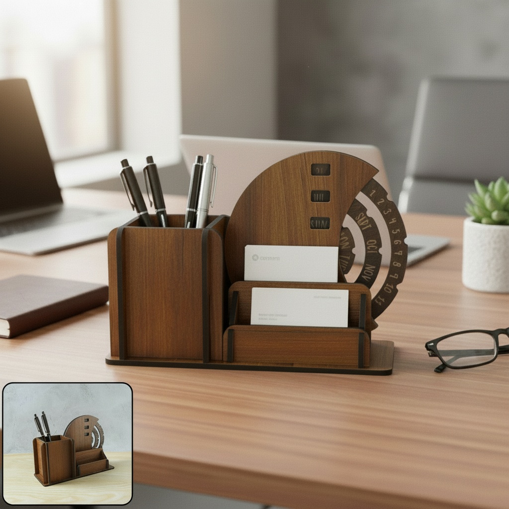 Wooden Desk Organizer with Rotating Calendar photo 1