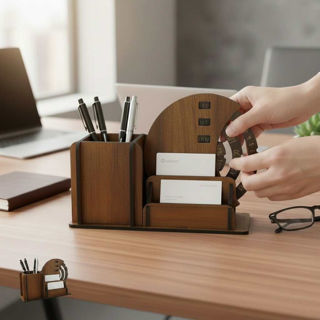 Wooden Desk Organizer with Rotating Calendar photo 3