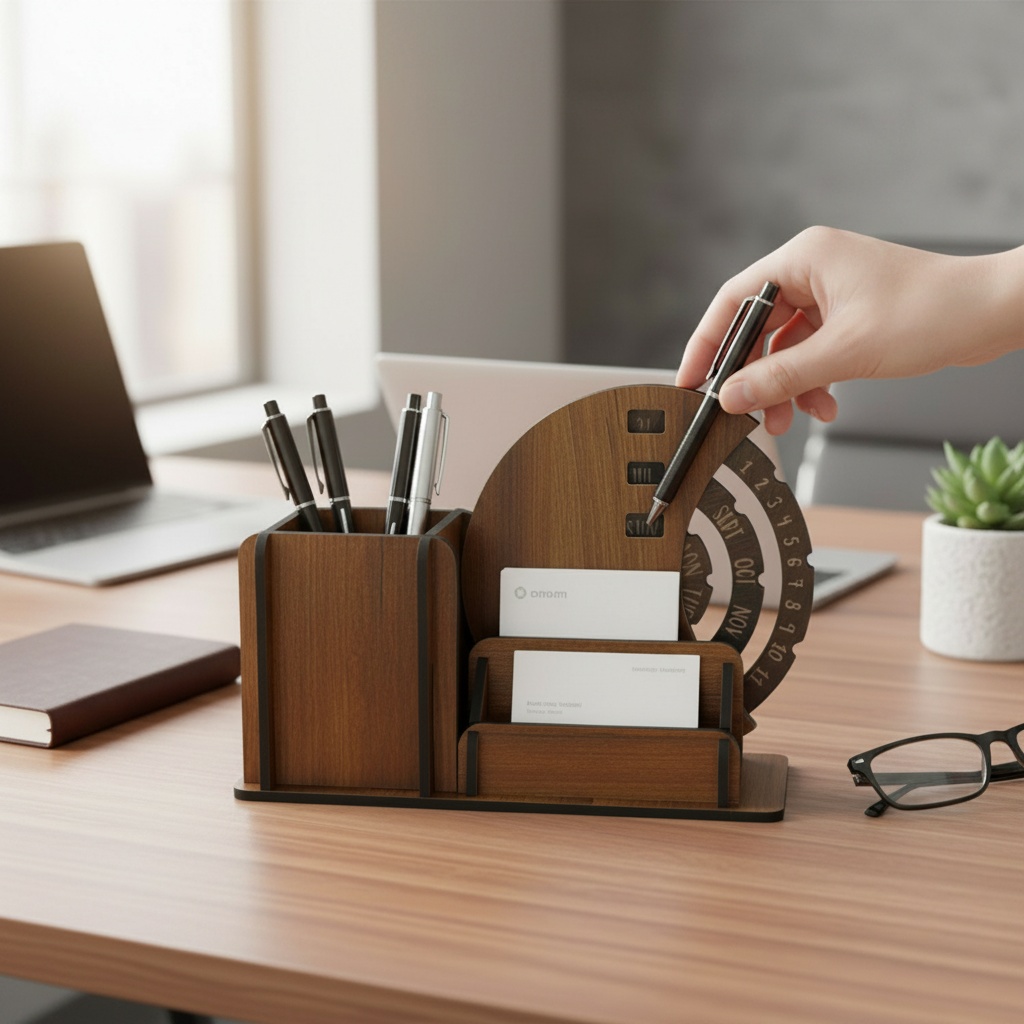 Wooden Desk Organizer with Rotating Calendar photo 2