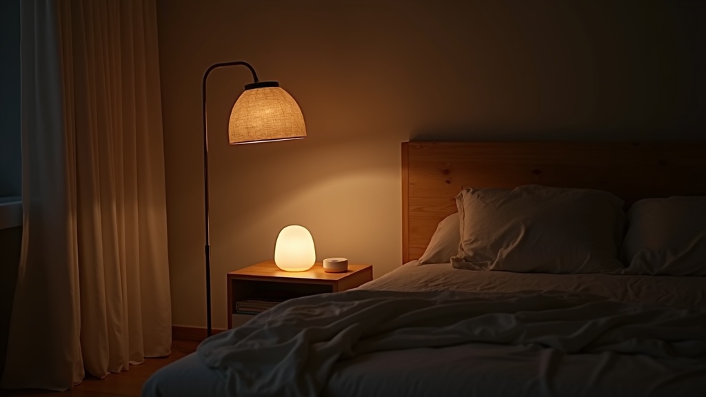 Three light sources creating a layered, warm Scandinavian bedroom atmosphere