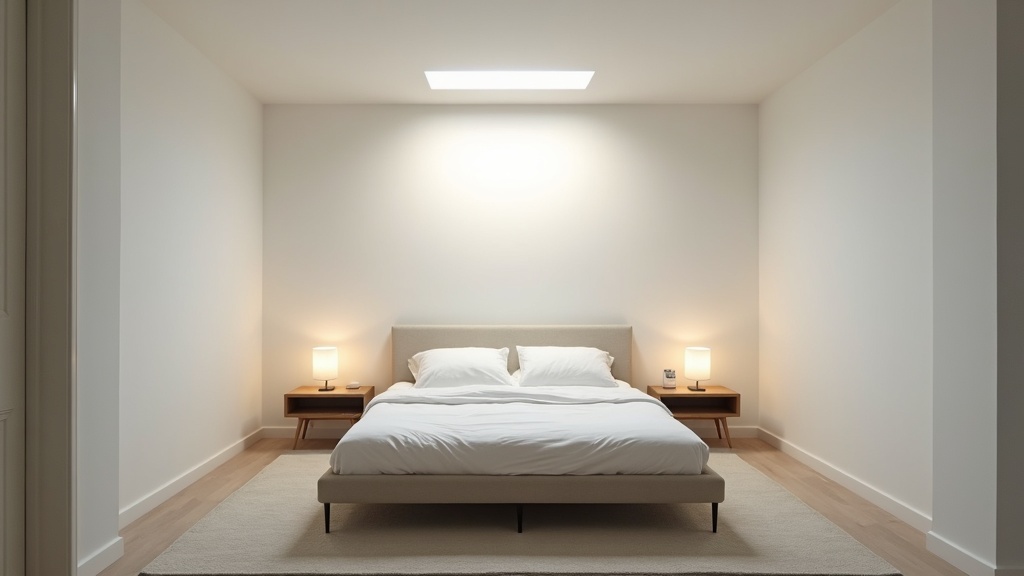 Bedroom with a single overhead light creating flat, uninviting illumination