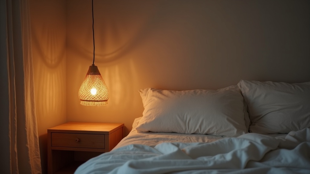 Layered bedroom lighting with warm ambient and task light sources