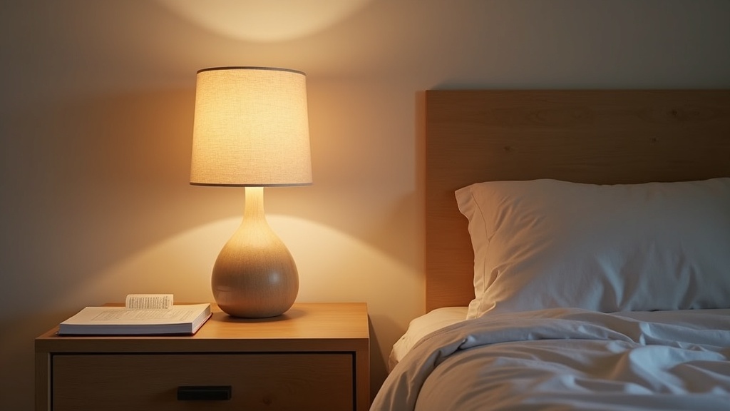 Warm bedside lamp casting a soft reading light on a linen shade