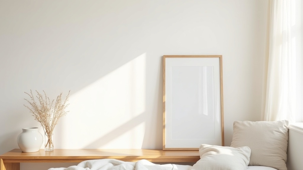 Framed art leaning against a bedroom wall in a minimal rental apartment
