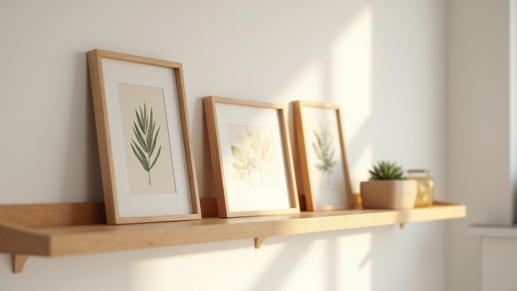 Picture ledge holding small framed prints on a white rental apartment wall
