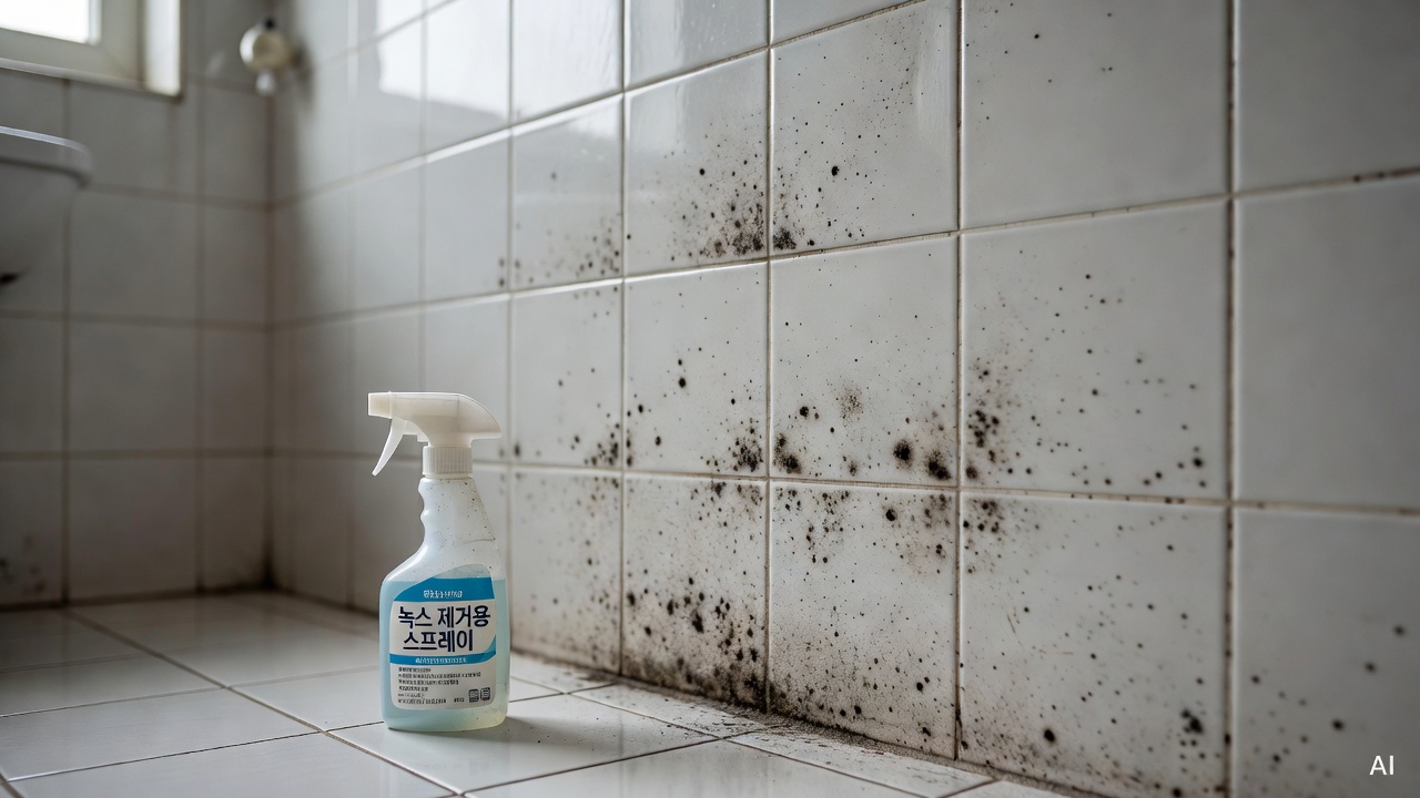 bathroom wall with black mold on tile grout, cleaning spray bottle nearby on white ceramic floor