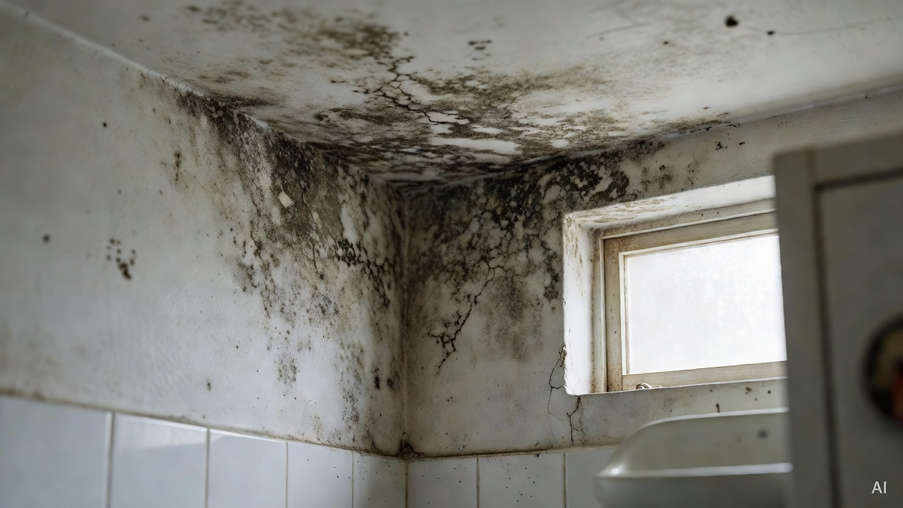 bathroom ceiling corner with dark mold stains, white painted surface, natural light from small window