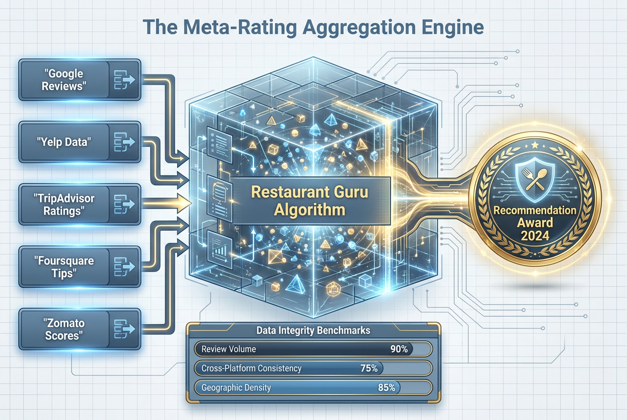 A technical diagram titled Meta-Rating Aggregation Engine showing how Google, Yelp, and TripAdvisor data create the Restaurant Guru award badge.