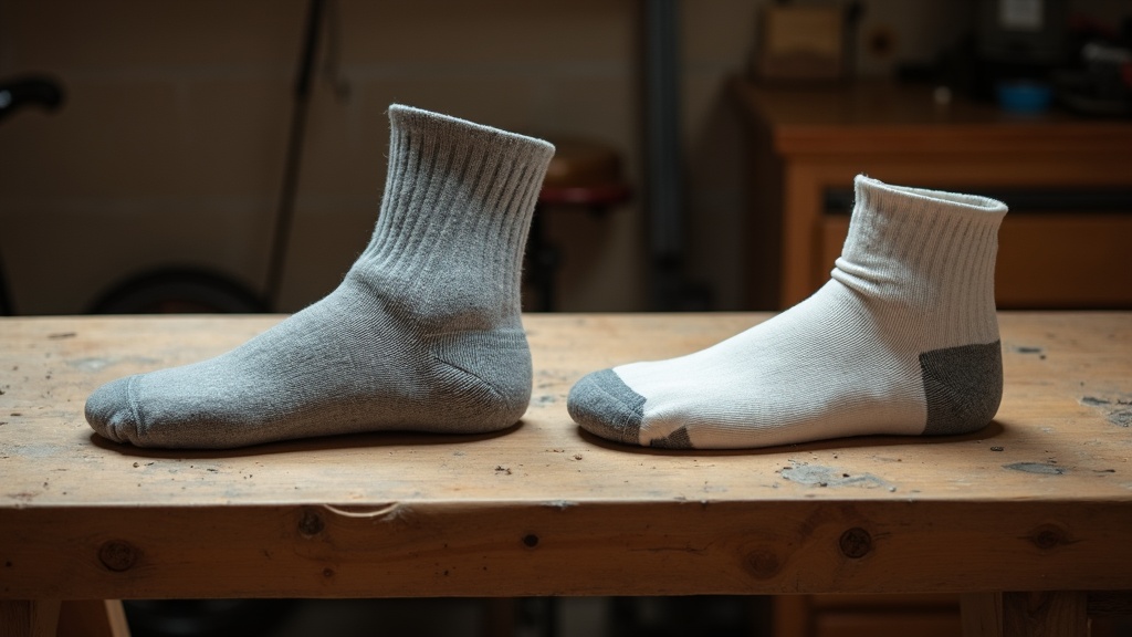 Comparison of thin cotton work sock versus thick cushioned merino wool work sock