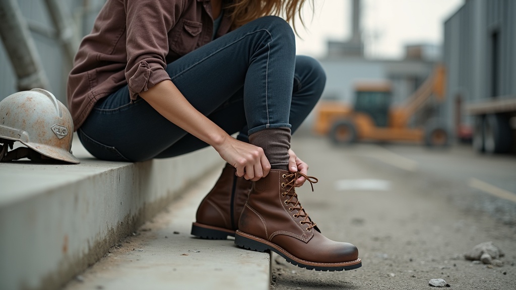 Female worker removing work boot wearing thick merino wool work socks on a job site