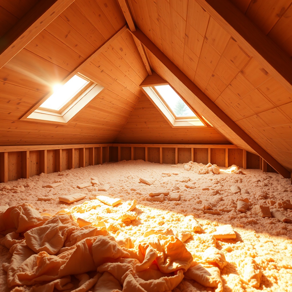 Calgary home attic interior in summer showing blown-in insulation on the attic floor with warm sunlight coming through roof vents