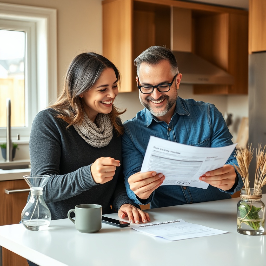 Calgary homeowner couple reviewing attic insulation rebate paperwork at their kitchen table in a modern Canadian home