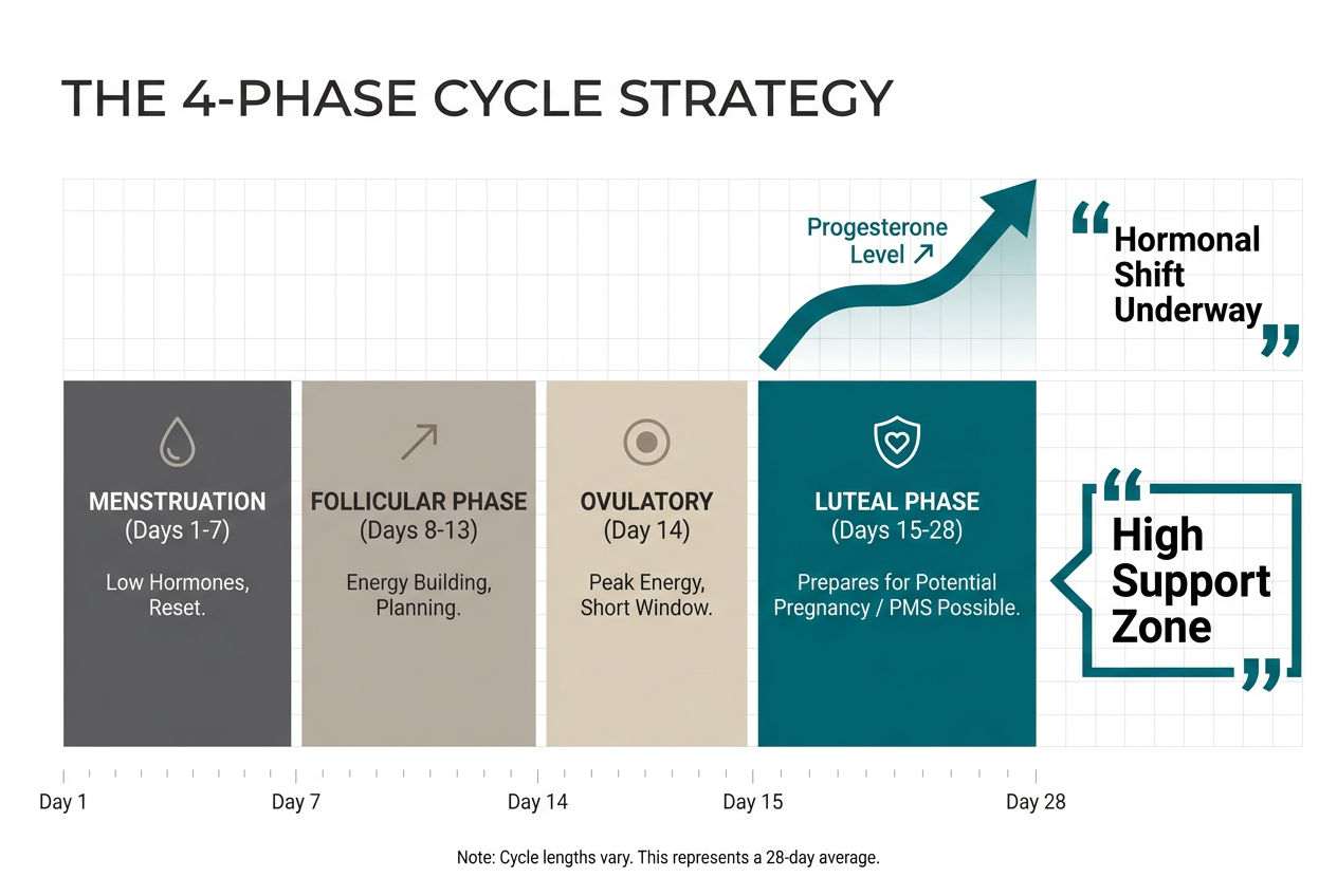 A horizontal bar chart of the menstrual cycle phases with the Luteal Phase highlighted in teal as a high-support zone for relationship management.