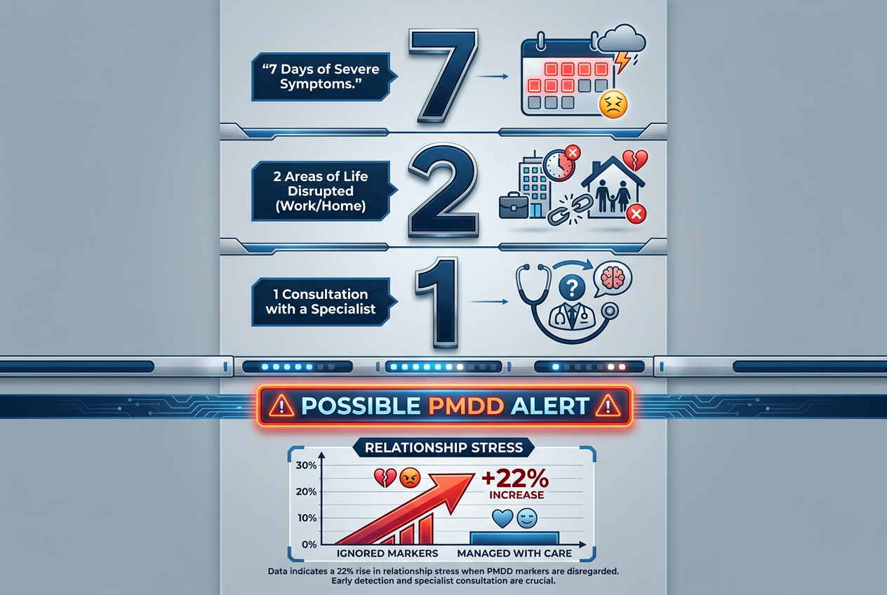 An infographic of the 7-2-1 rule used to identify PMDD symptoms and determine when a partner should seek professional medical intervention.