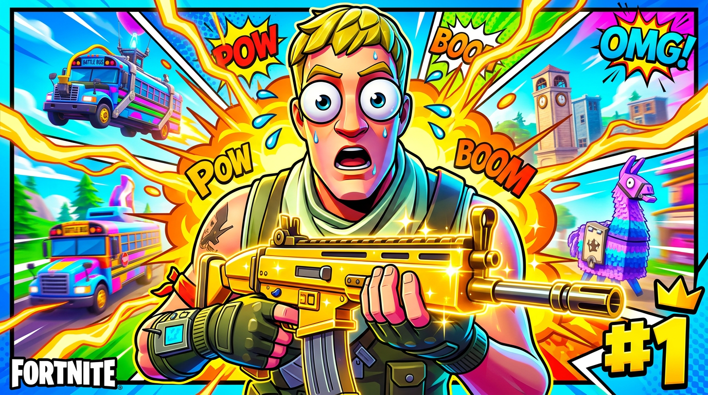 Bright, ultra-vibrant Fortnite thumbnail featuring Jonesy looking shocked with oversized, expressive eyes, holding a glowing golden scar weapon. Explosive comic-book style background, highly saturated colors, high-contrast and eye-catching click-through rate design., cartoony high-CTR style, candy-bright colors, bold black outlines, vibrant, energetic, clean design, highly detailed Fortnite visual style, UEFN 3D render, vibrant dramatic lighting, cinematic game asset, Unreal Engine quality