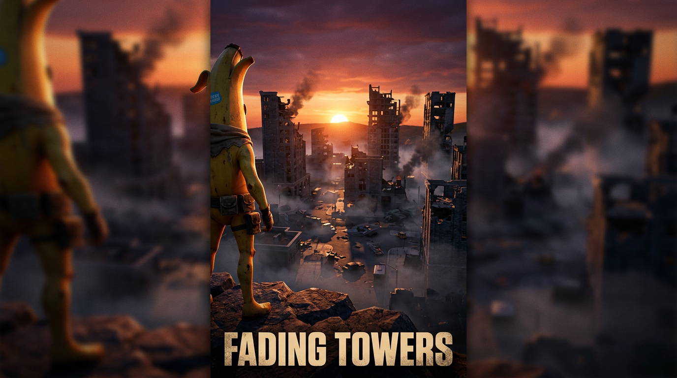 Epic cinematic 3D render of Peely standing dramatically on a cliffside at sunset, looking out over a ruined Tilted Towers. Photorealistic lighting, volumetric fog, dramatic shadows, and a movie-poster composition with depth of field., cinematic 3D, dramatic Blender GFX look, volumetric lighting, detailed 3D environment, deep shadows, high-production render, highly detailed Fortnite visual style, UEFN 3D render, vibrant dramatic lighting, cinematic game asset, Unreal Engine quality