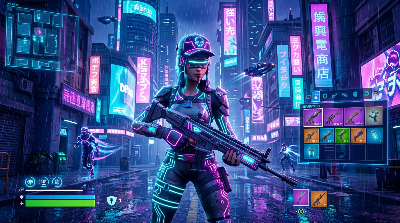 Cyberpunk Fortnite scene with a neon-infused Renegade Raider standing in a rainy, futuristic Mega City. Glowing cyan and magenta neon signs, wet street reflections, and high-tech holographic UI elements floating in the air., sci-fi cyberpunk style, neon lights, holographic overlays, angular futuristic forms, glowing circuitry, digital grid, highly detailed Fortnite visual style, UEFN 3D render, vibrant dramatic lighting, cinematic game asset, Unreal Engine quality