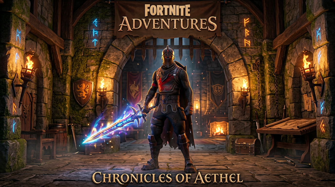 Fortnite fantasy RPG thumbnail featuring the Black Knight skin standing inside a medieval castle chamber. Holding a glowing enchanted sword, torchlight casting warm glows on stone walls, mystical aura, and high-fantasy vibes., fantasy RPG style, wood and parchment textures, stone and moss, magical glowing runes, mystical atmosphere, warm candlelight, highly detailed Fortnite visual style, UEFN 3D render, vibrant dramatic lighting, cinematic game asset, Unreal Engine quality