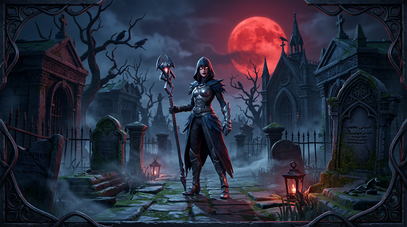 Gothic Dark Fantasy scene featuring Raven standing in a haunted, mist-covered graveyard under a giant, blood-red full moon. Eerie long shadows, twisted dead trees, dark gothic architecture, and an ominous atmosphere., dark fantasy gothic style, deep dramatic shadows, metallic and obsidian surfaces, ornate decorative borders, moody atmosphere, highly detailed Fortnite visual style, UEFN 3D render, vibrant dramatic lighting, cinematic game asset, Unreal Engine quality