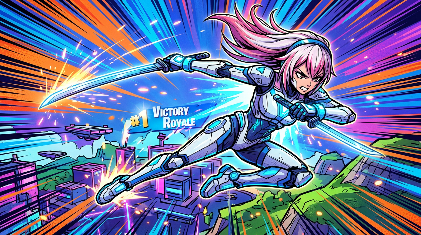 Anime cel-shaded style Fortnite thumbnail featuring Lexa striking a dynamic mid-air action pose with dual katanas. Vibrant pop colors, thick black ink outlines, anime-style facial expressions, and rapid action lines in the background., anime cel-shaded style, vibrant 2D illustration, flat color shading, manga-inspired, energetic character design, bold linework, highly detailed Fortnite visual style, UEFN 3D render, vibrant dramatic lighting, cinematic game asset, Unreal Engine quality