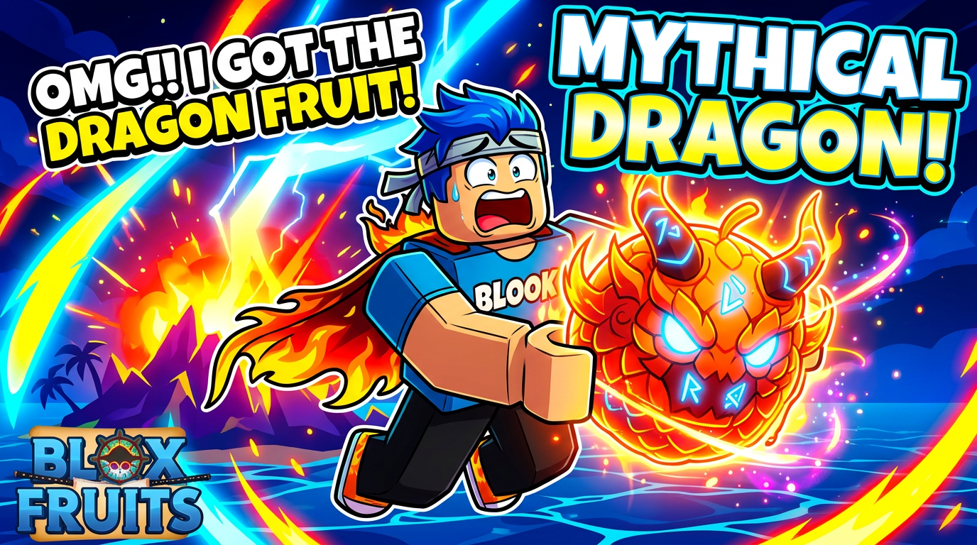 Super bright and colorful Roblox Blox Fruits thumbnail. A cartoony blocky avatar screaming with excitement while holding a massive glowing mythical fruit, giant vibrant neon background strokes, high-CTR clickbait style composition., cartoony high-CTR style, candy-bright colors, bold black outlines, vibrant, energetic, clean design, Roblox studio aesthetic, 3D blocky avatar style, clean Roblox game asset, bright colorful lighting, Roblox UGC quality