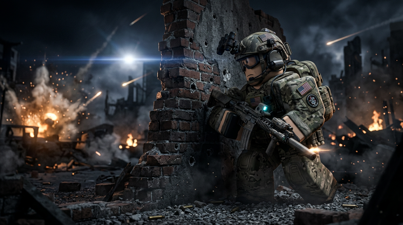 Cinematic 3D Roblox GFX render of a tactical military avatar taking cover behind a brick wall during an intense firefight. Realistic smoke, dramatic low-key lighting, highly detailed textures, and lens flare., cinematic 3D, dramatic Blender GFX look, volumetric lighting, detailed 3D environment, deep shadows, high-production render, Roblox studio aesthetic, 3D blocky avatar style, clean Roblox game asset, bright colorful lighting, Roblox UGC quality