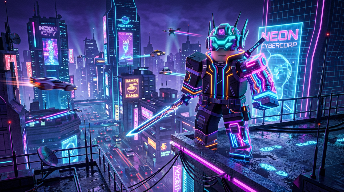 Cyberpunk Roblox avatar with glowing cybernetic visor and neon limbs standing on a skyscraper ledge overlooking a sprawling futuristic neon metropolis. Flying vehicles in the background, synthwave color palette., sci-fi cyberpunk style, neon lights, holographic overlays, angular futuristic forms, glowing circuitry, digital grid, Roblox studio aesthetic, 3D blocky avatar style, clean Roblox game asset, bright colorful lighting, Roblox UGC quality