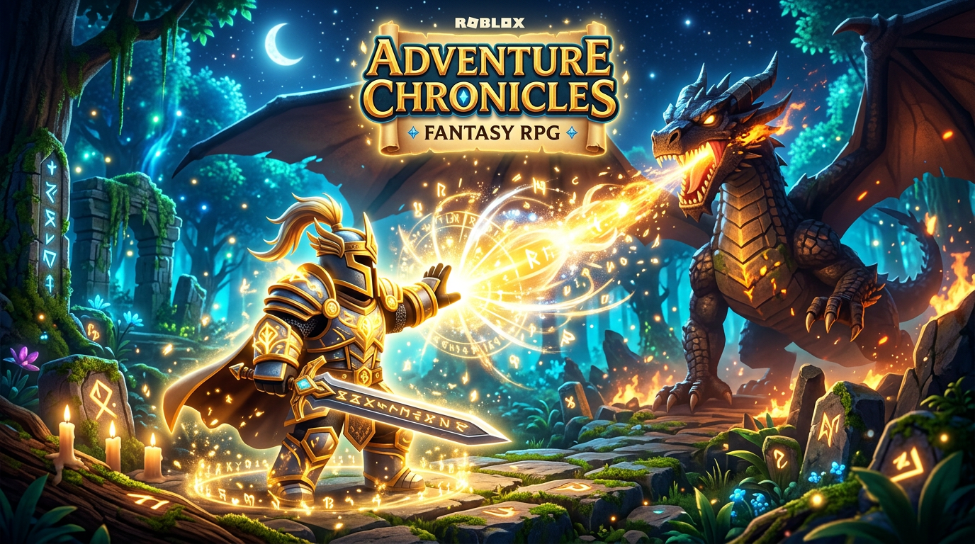 Roblox RPG fantasy thumbnail with an armored paladin avatar casting a massive golden magic spell against a giant dragon. Set in front of a mystical glowing forest, epic scale, magical particle effects., fantasy RPG style, wood and parchment textures, stone and moss, magical glowing runes, mystical atmosphere, warm candlelight, Roblox studio aesthetic, 3D blocky avatar style, clean Roblox game asset, bright colorful lighting, Roblox UGC quality