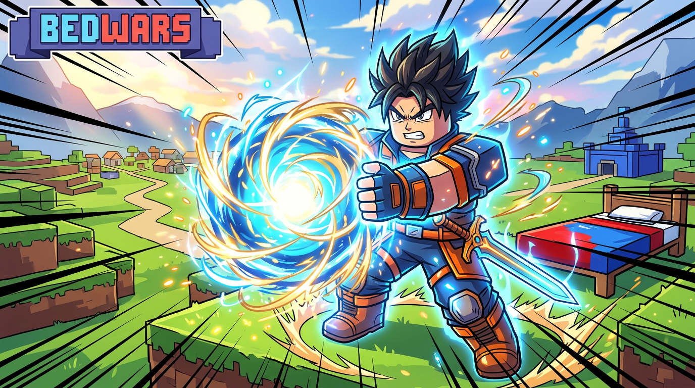 Anime cel-shaded style Roblox BedWars thumbnail featuring an avatar charging up a powerful energy blast in an open field. Heavy cel-shaded outlines, dynamic manga speed lines, intense lighting, and vibrant anime effects., anime cel-shaded style, vibrant 2D illustration, flat color shading, manga-inspired, energetic character design, bold linework, Roblox studio aesthetic, 3D blocky avatar style, clean Roblox game asset, bright colorful lighting, Roblox UGC quality