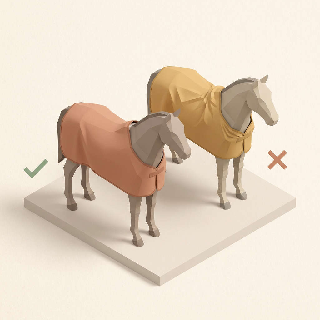 Illustrated explainer showing correct versus incorrect blanket fit on a horse, highlighting withers clearance and overall drape