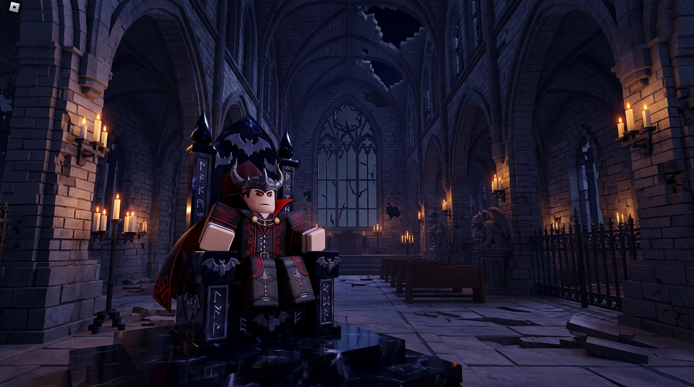 Dark fantasy gothic Roblox scene featuring a vampire lord avatar sitting on an ornate obsidian throne inside a crumbling, candle-lit cathedral. Dark eerie tones, crimson accents, gothic architecture, and heavy shadows., dark fantasy gothic style, deep dramatic shadows, metallic and obsidian surfaces, ornate decorative borders, moody atmosphere, Roblox studio aesthetic, 3D blocky avatar style, clean Roblox game asset, bright colorful lighting, Roblox UGC quality