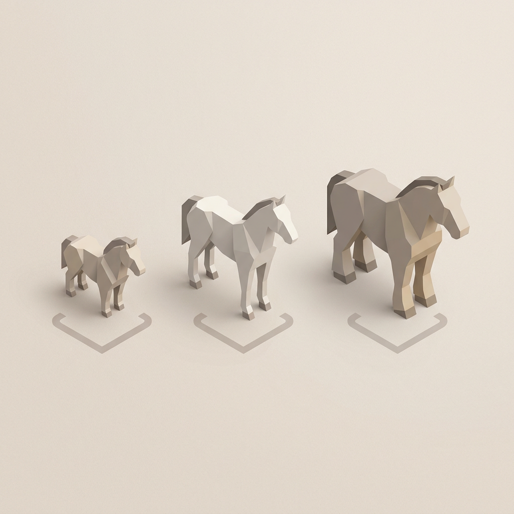 Size comparison visual showing three horse types side by side at correct relative scales: miniature horse, standard horse, and draft horse, with implied size range differences