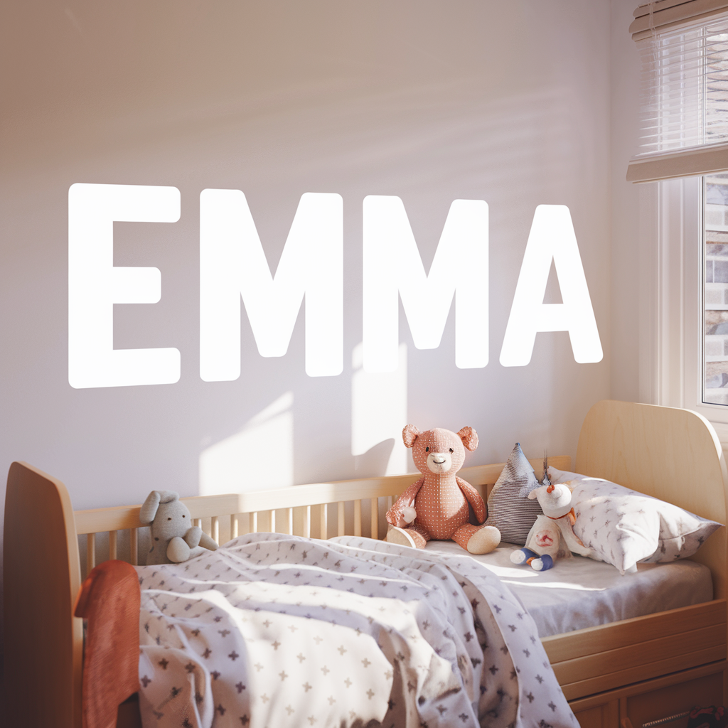 custom name stickers kids room decor with EMMA vinyl wall sticker above toddler bed in bright cozy bedroom
