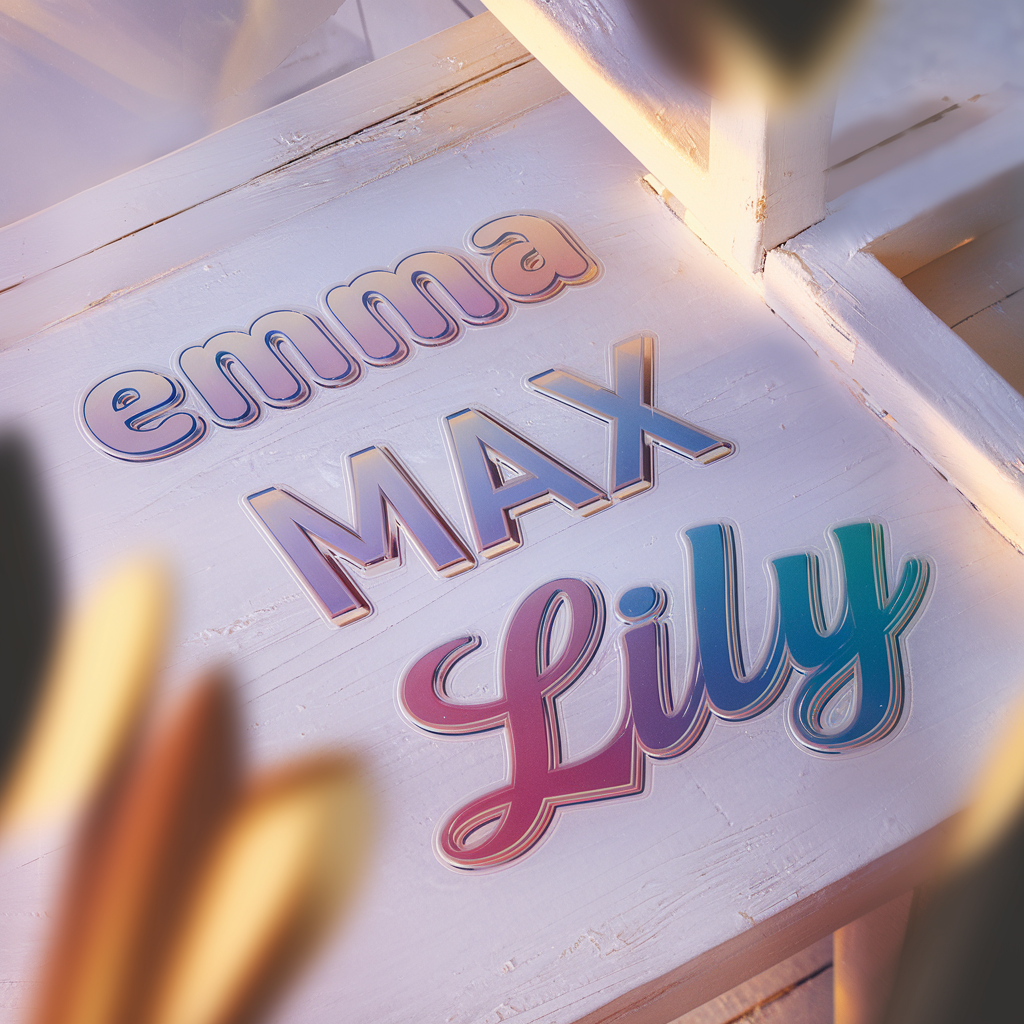 three custom name stickers kids room decor options showing different font styles for EMMA MAX and LILY