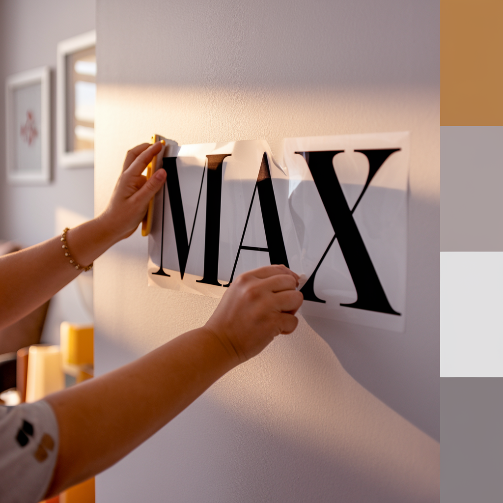 installing custom name stickers kids room decor on wall using squeegee technique for long-lasting adhesion