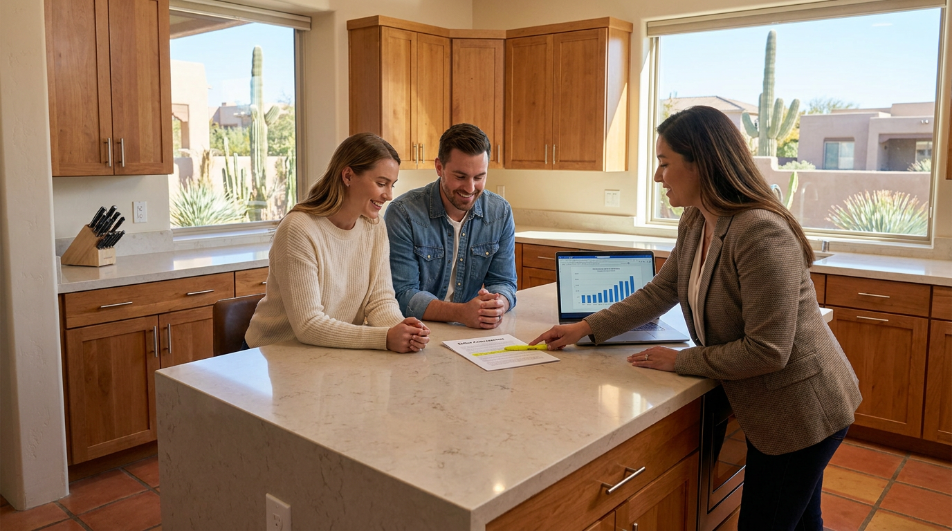 Smiling couple in their early 30s sits at a kitchen island with a Southwest vibe, reviewing a home p