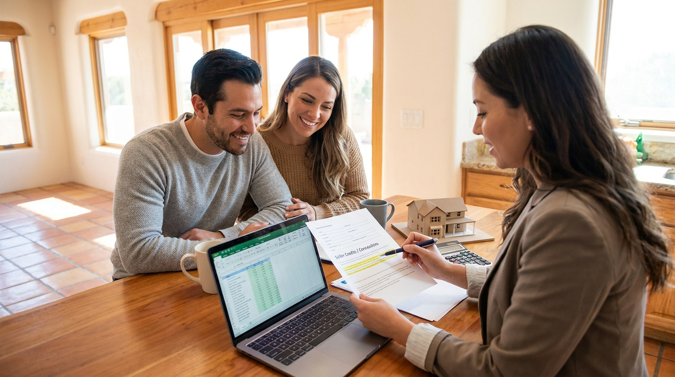 Smiling couple in their 30s seated at a kitchen table with a real estate agent in a bright Southwest