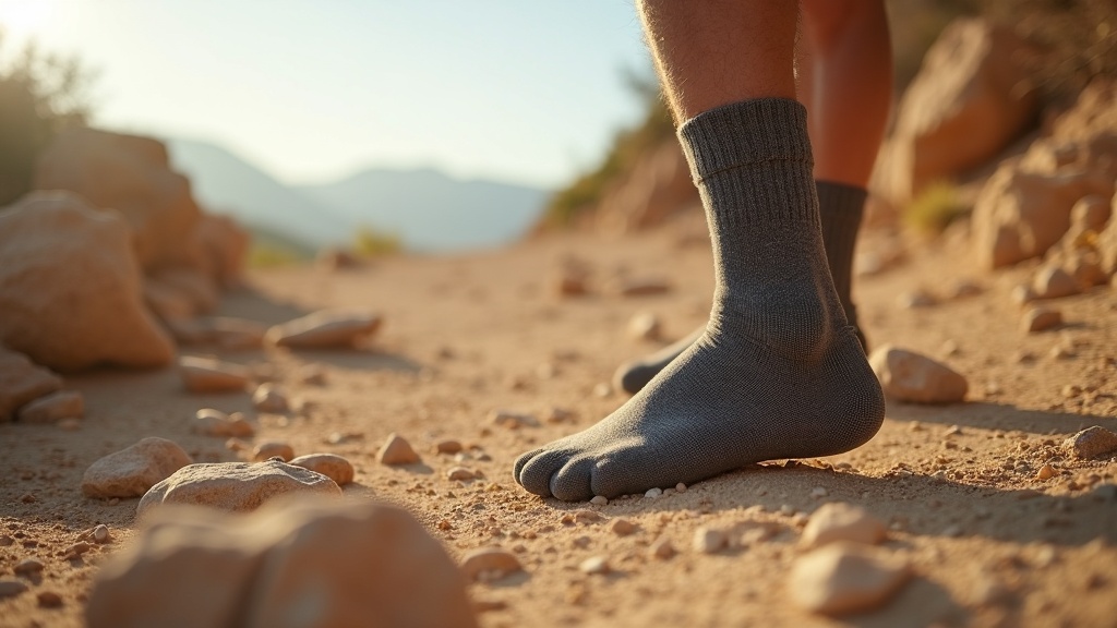 Calcetines de trekking de verano en un sendero de montaña