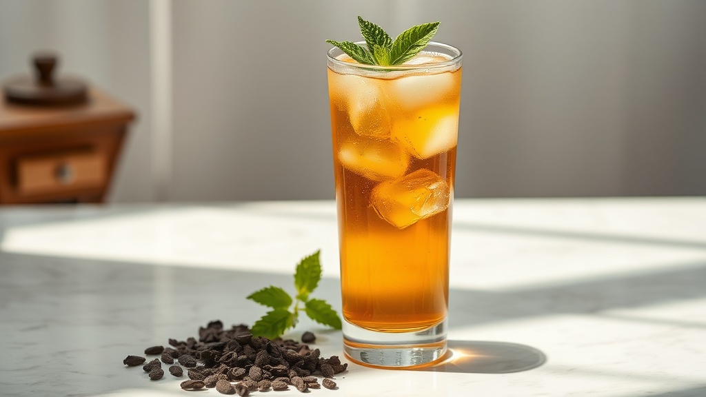 Verre de thé glacé Ceylan clair et ambré avec des glaçons et une feuille de menthe