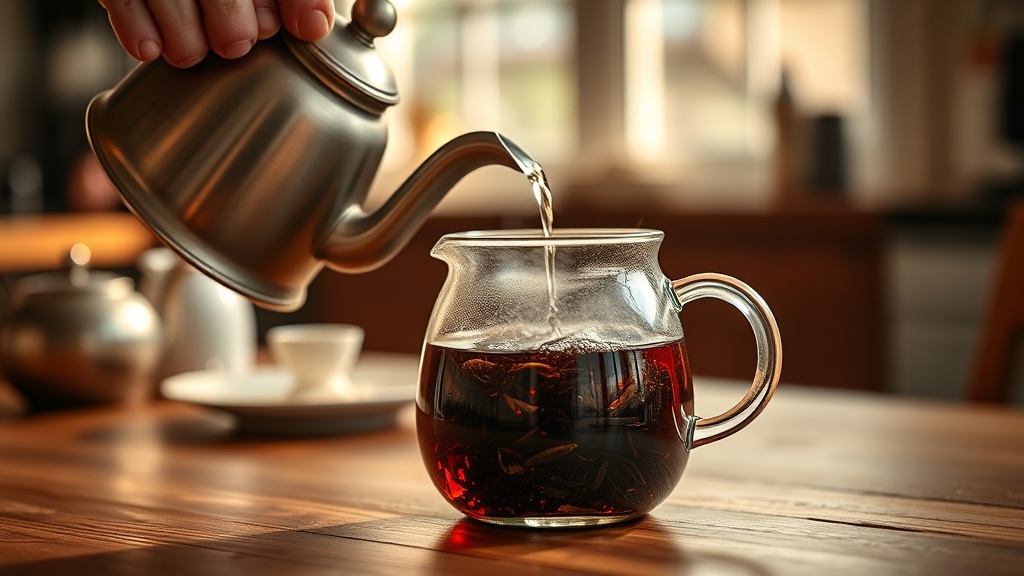 Infusion de thé de Ceylan dans une théière en verre, feuilles qui s'ouvrent dans l'eau chaude