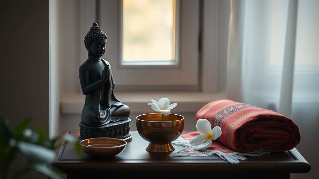 Quiet Buddhist home altar with blue and gold statue, water offering bowl, white flower and kata scarf in warm morning light