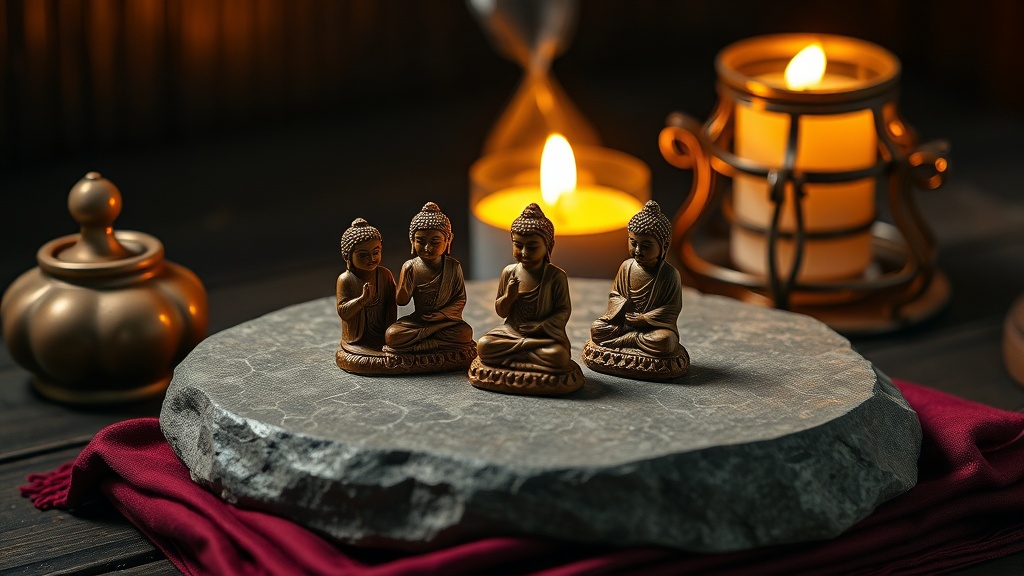 Five small Buddhist figurines arranged in a mandala formation representing the Five Dhyani Buddhas on a stone altar surface