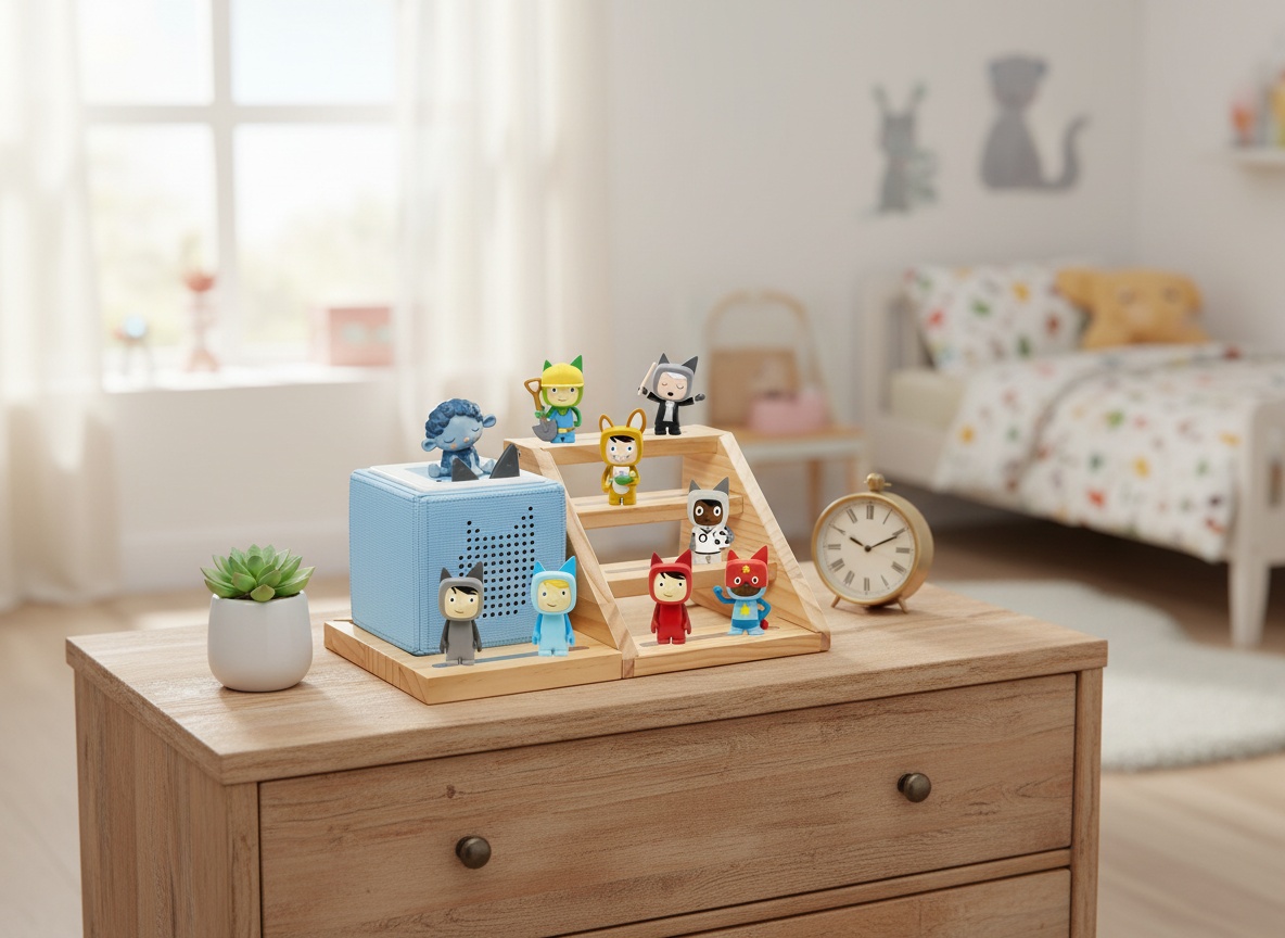 Four-tier Tonies Box organizer shelf displayed on a bedroom dresser with room décor in background