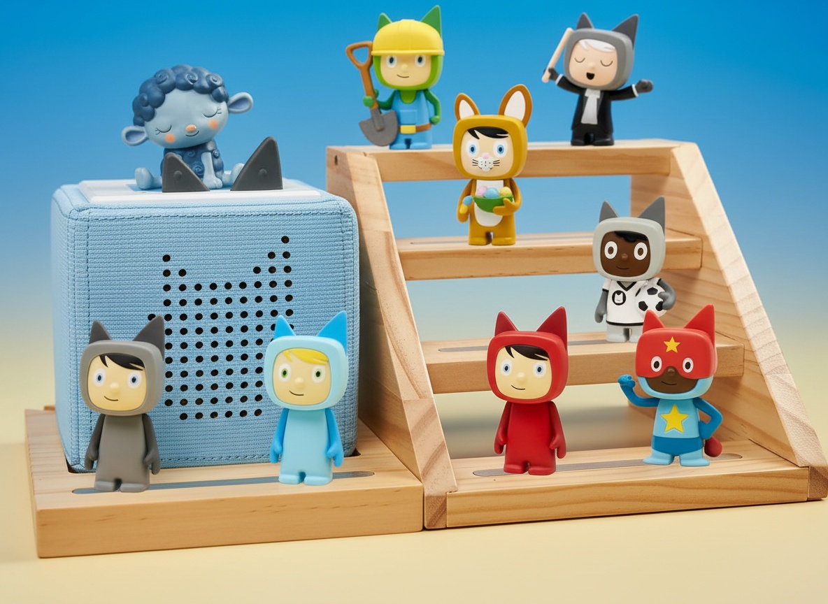Macro detail of wooden Tonies shelf tier showing magnetic attachment points and aligned figure bases