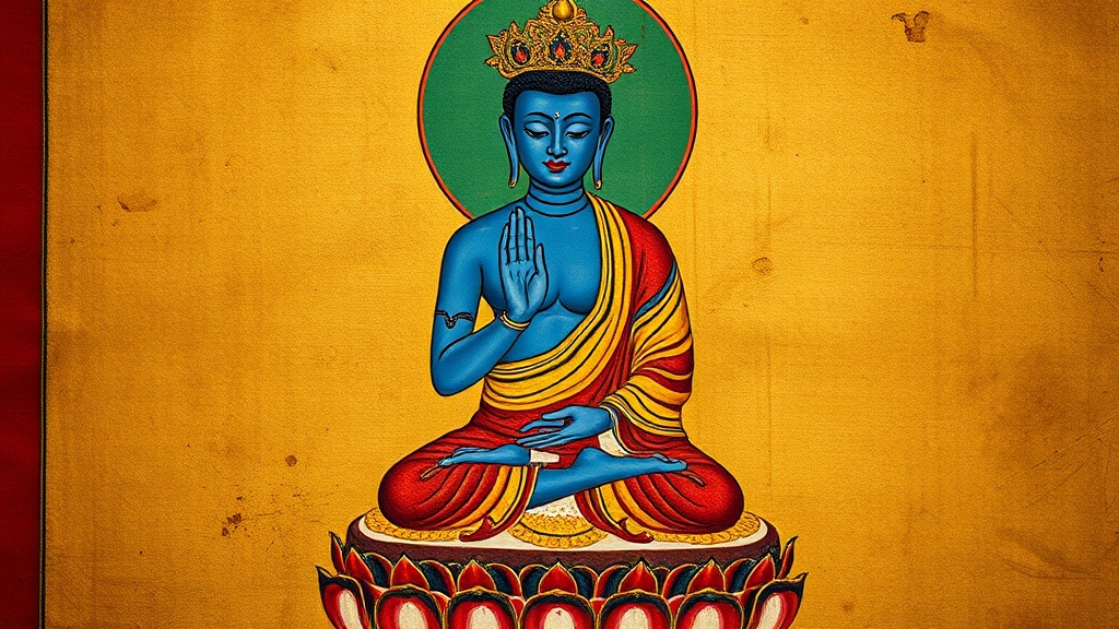Thangka painting detail showing Akshobhya Buddha in Bhumisparsha mudra on lotus throne with gold leaf iconographic details