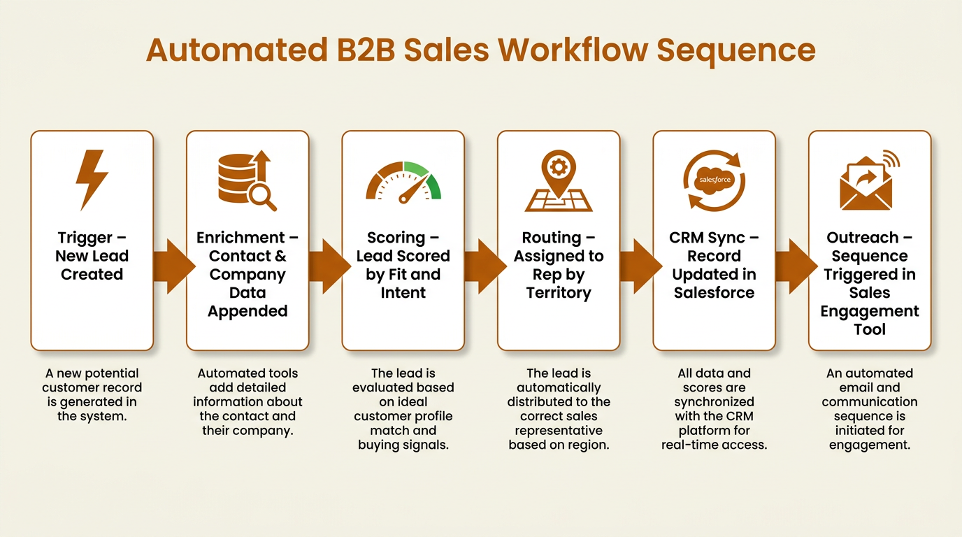Automated B2B sales workflow sequence diagram from lead creation to outreach