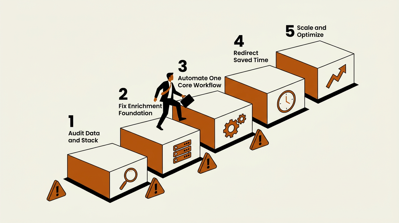 Five-step B2B sales productivity implementation staircase illustration with warning signs