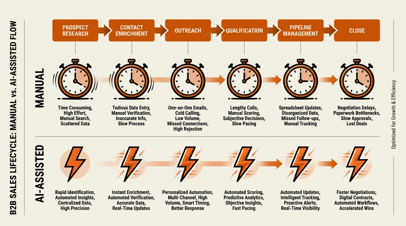 Horizontal flowchart comparing manual and AI-assisted B2B sales lifecycle stages