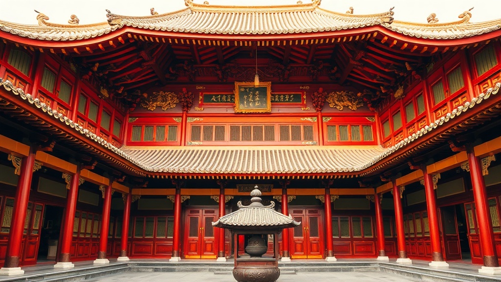 Grande salle du temple de Puyong avec ses toits incurvés et ornements sculptés dorés